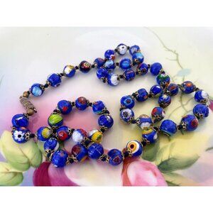 Vintage 1950s Italy Millefiori Hand knotted Glass Blue Beaded Necklace